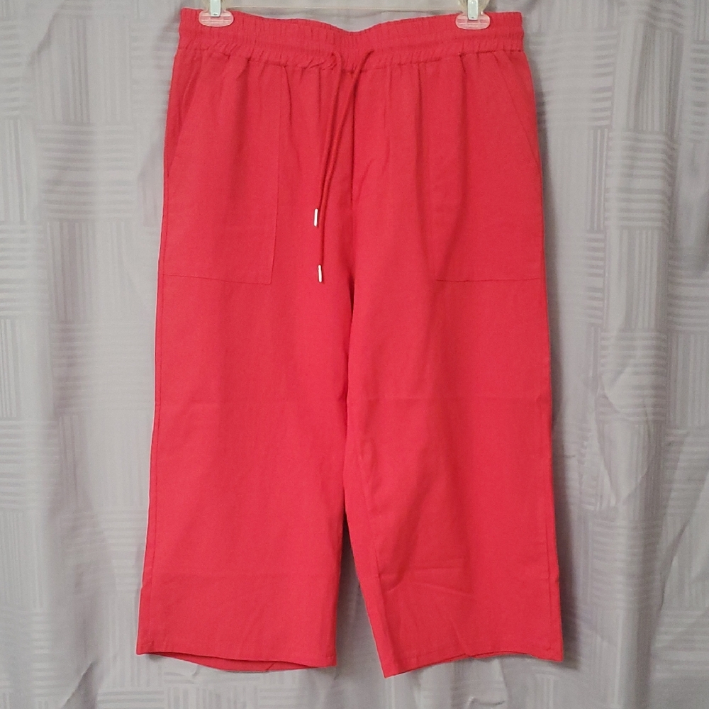 Bright Coral Drawstring Wide-Leg Pants